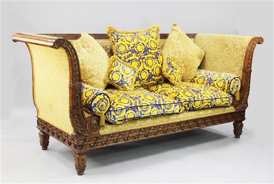 A large pair of neo-classical style settees, both W.7ft 6in. H.3ft 5in. D.2ft 10in.